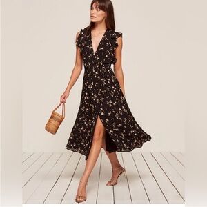 Reformation Gavin Wrap Midi Dress Revealing Floral Print in Black Color Size S